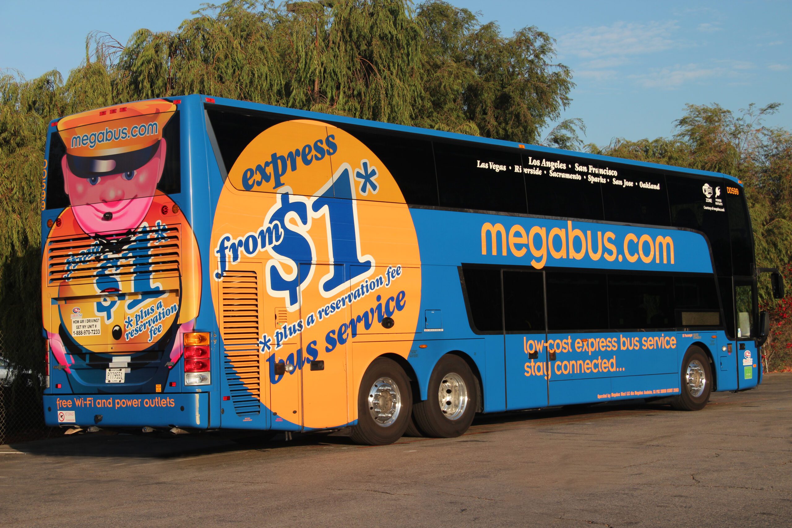 a blue and orange bus