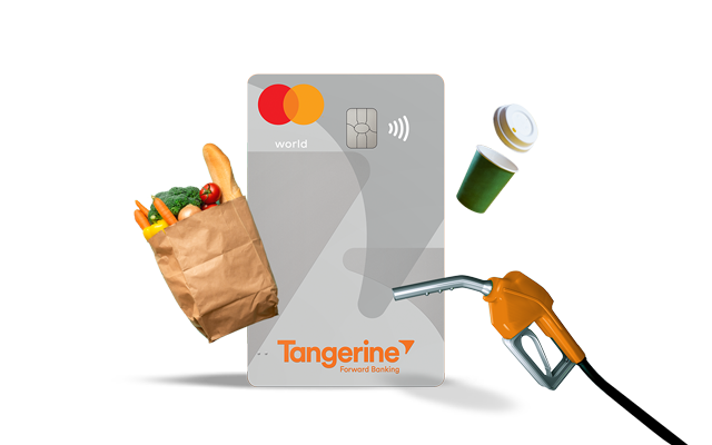 a credit card with a gas pump and a bag of food